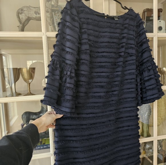 Club Monaco Alannah Dress Fringe Stripes Navy Blue 3/4 Bell Sleeves - Picture 9 of 11